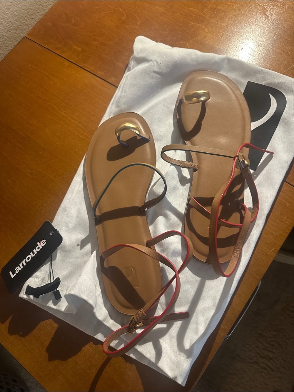 Larroude Brown Leather Sandals with Red Straps and Gold Accents